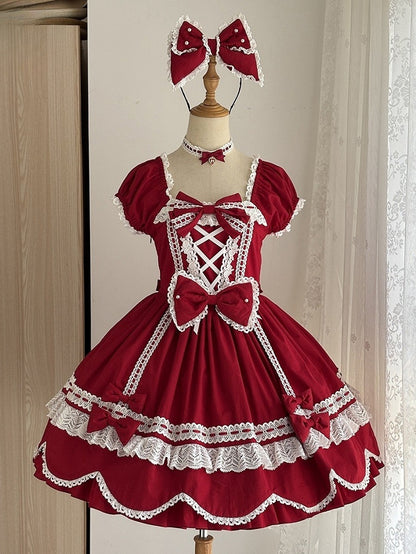 Old School Stück und Quadrat Kleid Baumwolle Kurze Rote Puffärmel Ein Ausschnitt Lolita