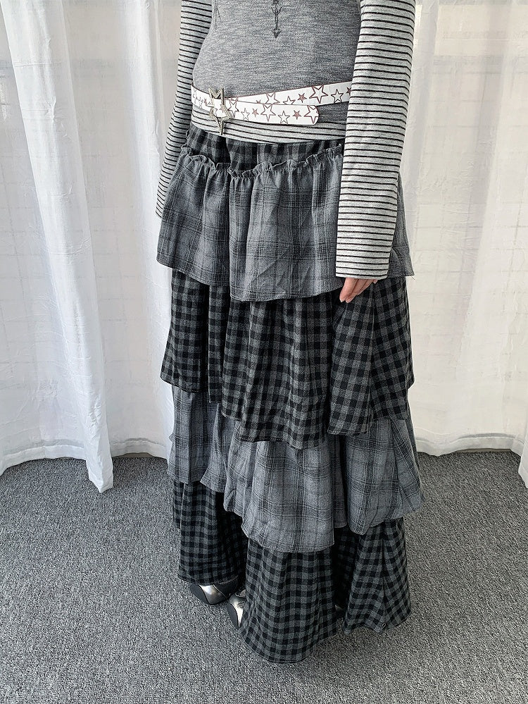 Gray Skirt Patchwork Maxi Tiered Design Plaid with