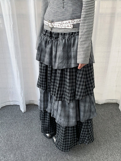 Gray Skirt Patchwork Maxi Tiered Design Plaid with