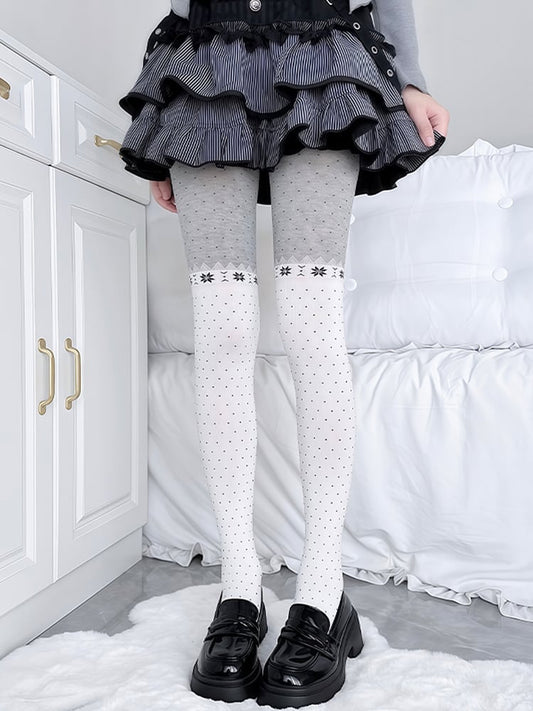 2 Colors Retro Snowflake & Polka Dot Pattern Knitted Tights