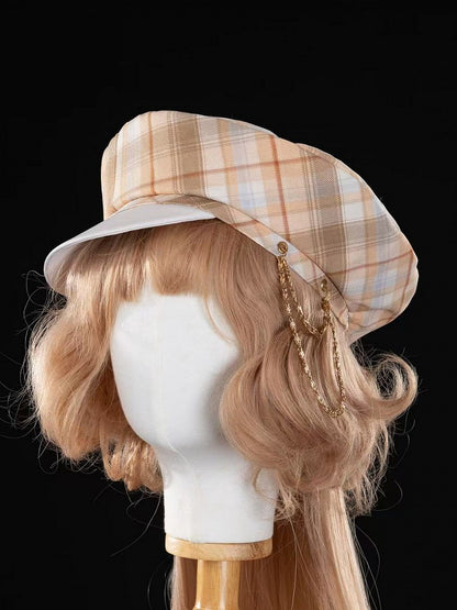 Beret Blue Pink Pattern Plaid Gold /