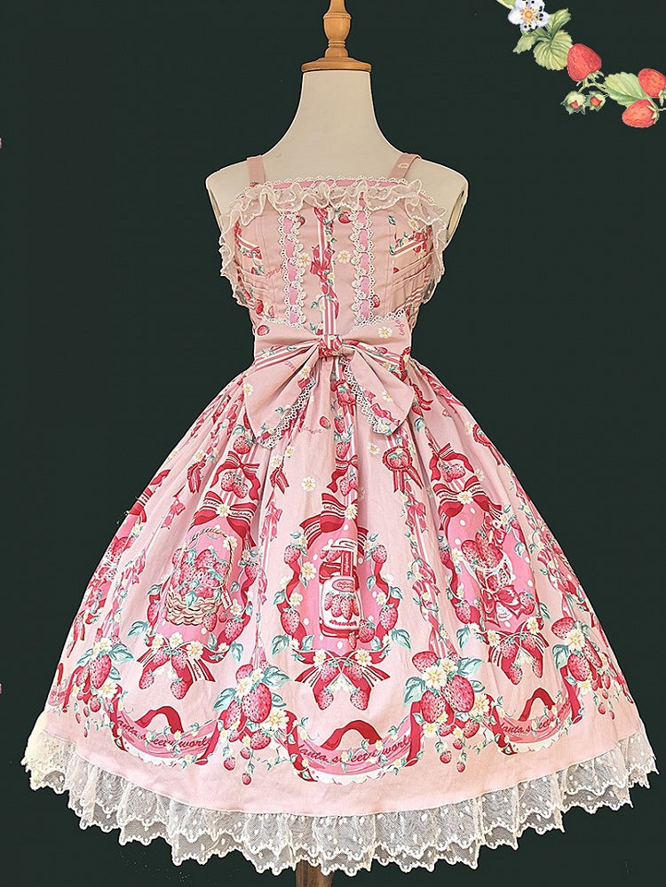 Dress Pink Hem Details and Strawberry Sweet with Lace Bow Lolita Print