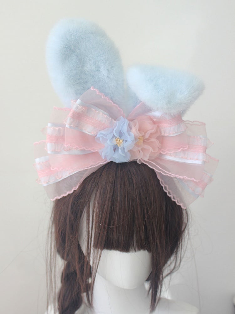 Blue Bunny Ear Fluffy Pink Pastel KC