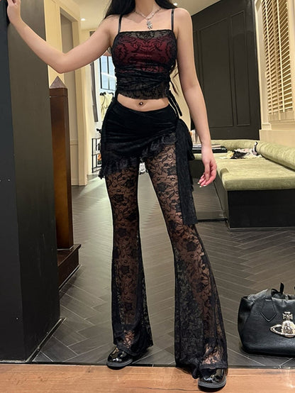 Underlay Top Black with Embroidered Cami Gothic Halloween Lace Red