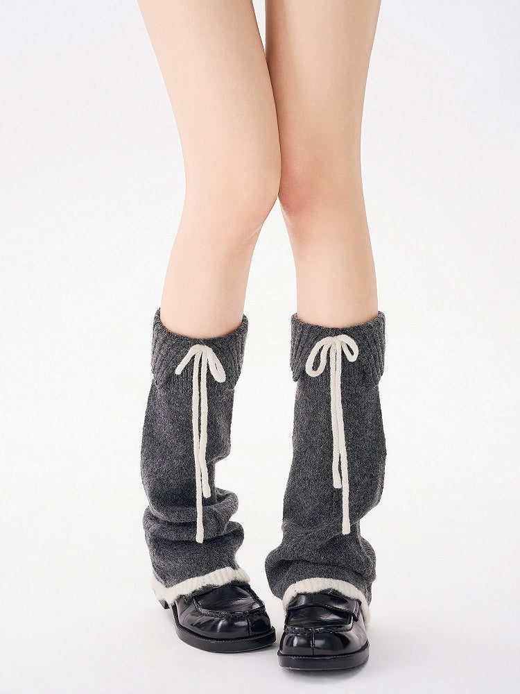 Warmers Detail Leg Bow Fuzzy Knit with 4-Color Contrast Cuff