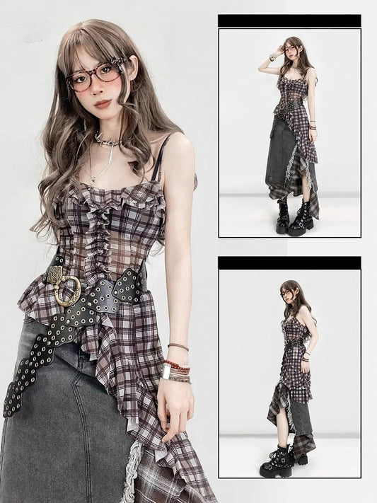 Hem Pattern Cami Glamorous Bittersweet Brown Plaid Asymmetrical