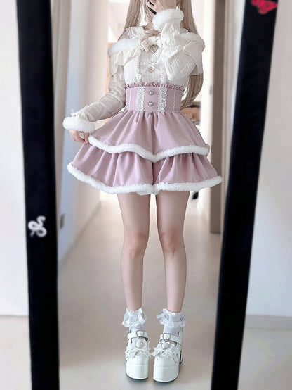 High Waist Tiered Skirt Double-Layered Plush Trim  Plaid Jirai Kei Pink/Black