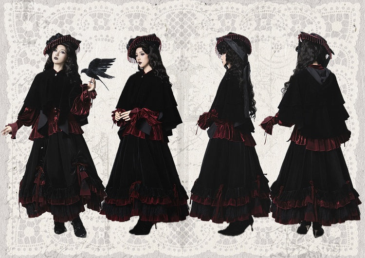 Gothic Lolita Layered Ruffle Hem Velvet Skirt Drawstring Design - Evégie