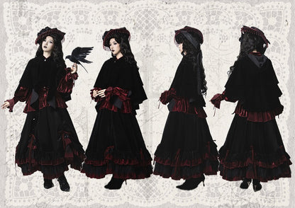 Gothic Lolita Layered Ruffle Hem Velvet Skirt Drawstring Design - Evégie