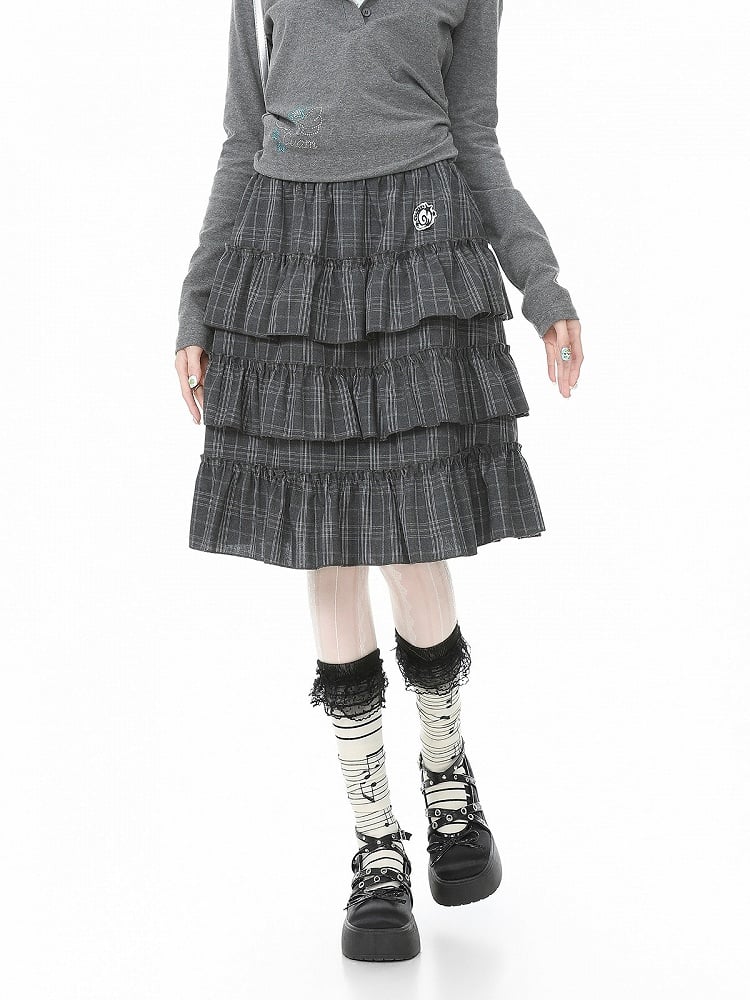 Ruffle Daily Embroidery Plaid Skirt Kawaii With Gray