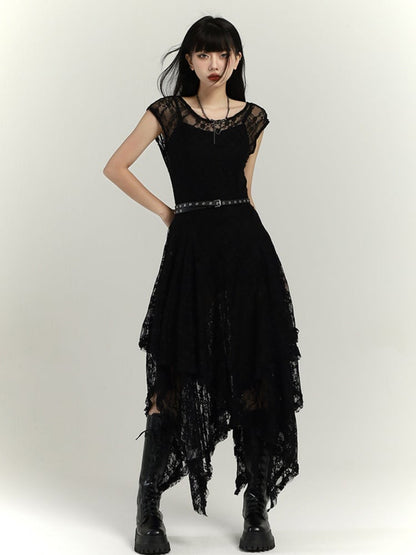 Gothic Black Round Neck Lace Handkerchief Hem Dress