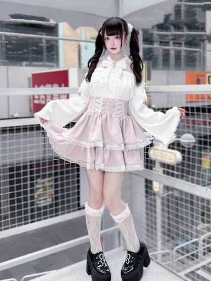 Sleeves with Shoulder Cutouts Jirai Top White Flared Outfit: Style Kei