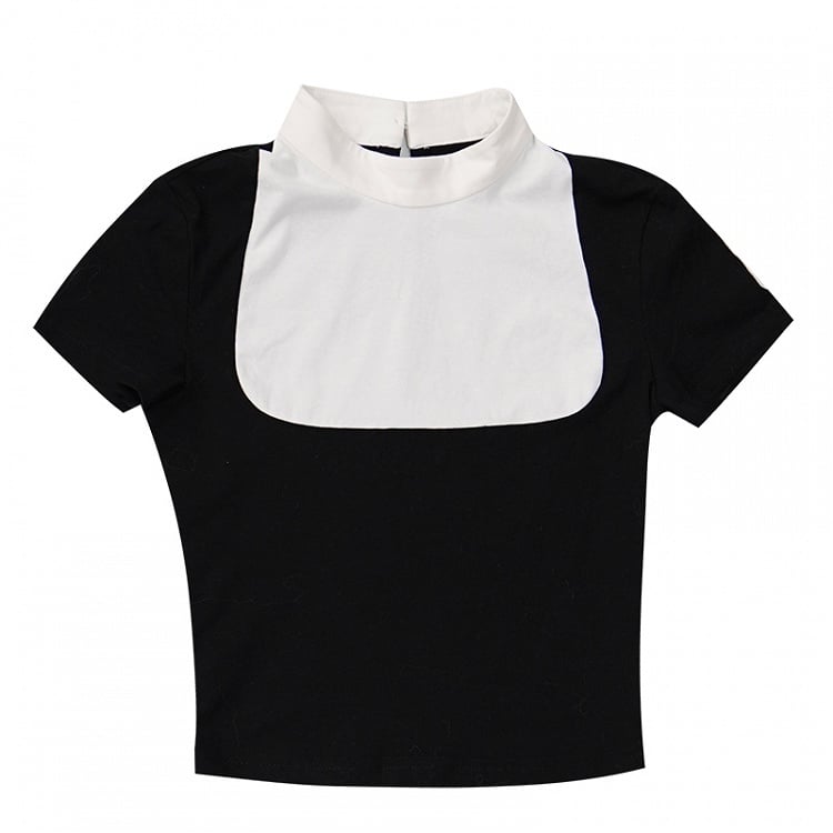 Colorblock Crop Tee with Detachable Feather Cross Brooch Black/White