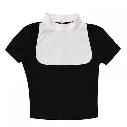 Colorblock Crop Tee with Detachable Feather Cross Brooch Black/White