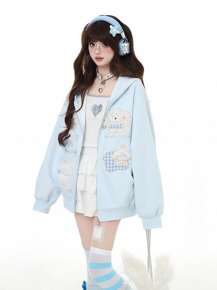 Puppy Embroidery Applique Black/Light Blue Plush Zip Closure Hoodie