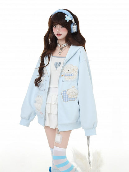 Puppy Embroidery Applique Black/Light Blue Plush Zip Closure Hoodie