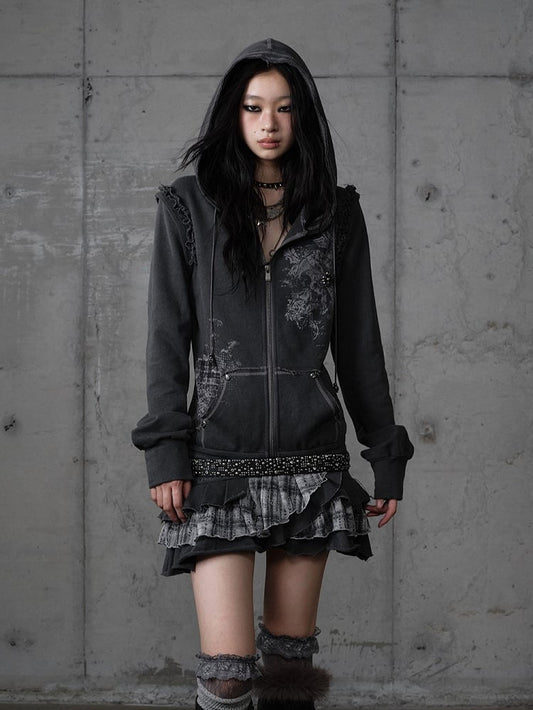 Wasteland Detachable Y2K with Dark Gray Hoodie Skirt Plaid Layered Sleeves Punk Dress