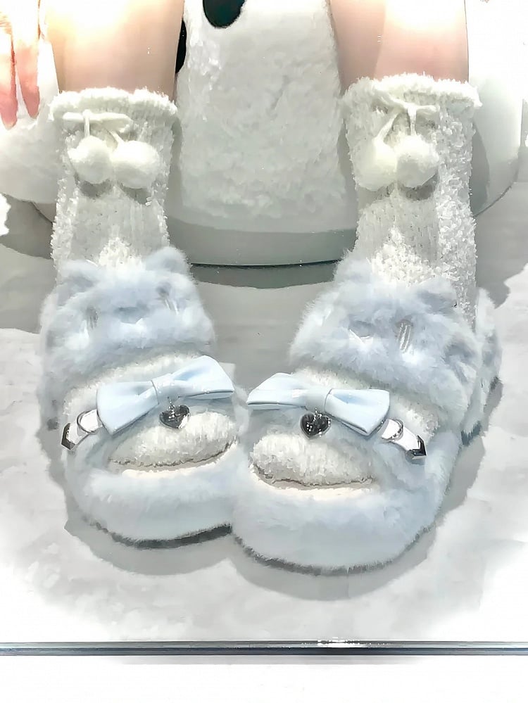 Pantoufles Cat Light Jirai Design : avec broderie bleue en peluche Kei