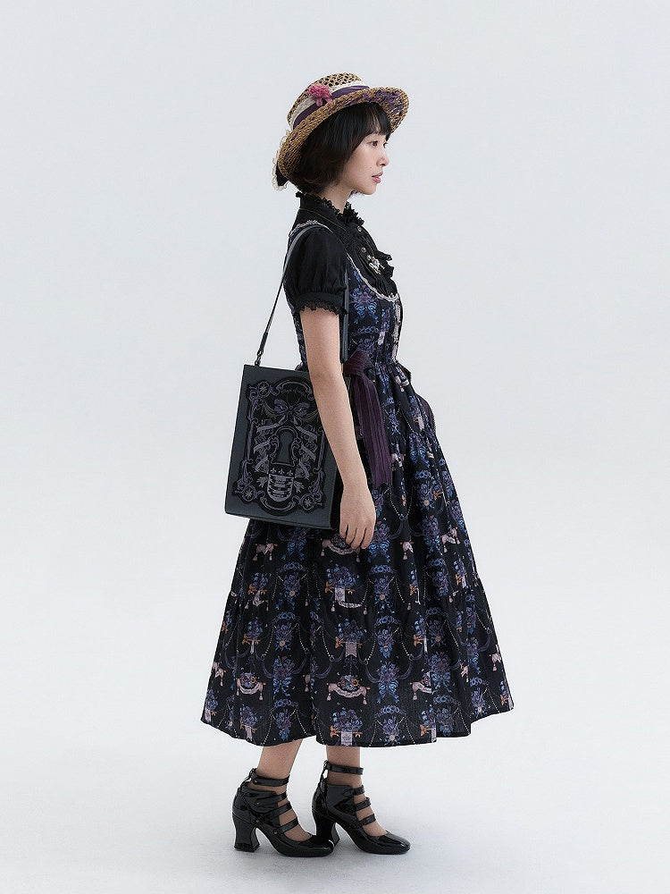 Black-Purple Pansy Print Classic Lolita JSK with Lace Trim