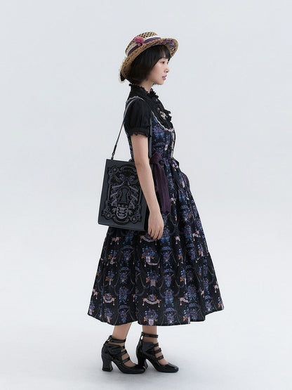 Black-Purple Pansy Print Classic Lolita JSK with Lace Trim