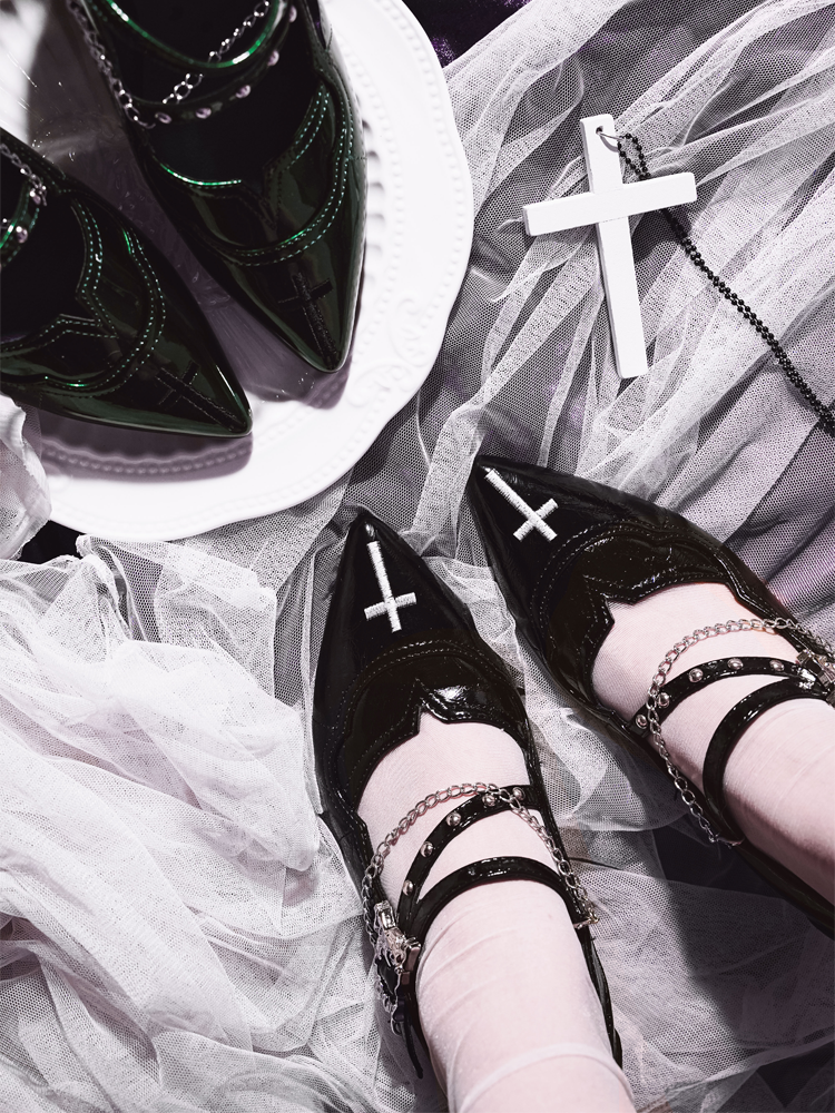 Toe Gothic Heel Black Jane Pointed Dark Mary Embroidery Cross Shoes Chunky 7cm