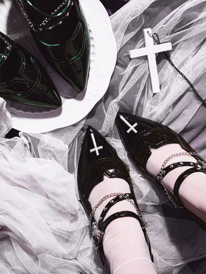 Toe Gothic Heel Black Jane Pointed Dark Mary Embroidery Cross Shoes Chunky 7cm