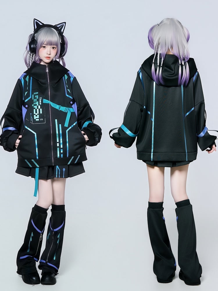 Matching Anime Hooded Purple Cyberpunk Blue Gradient Set: Jacket
