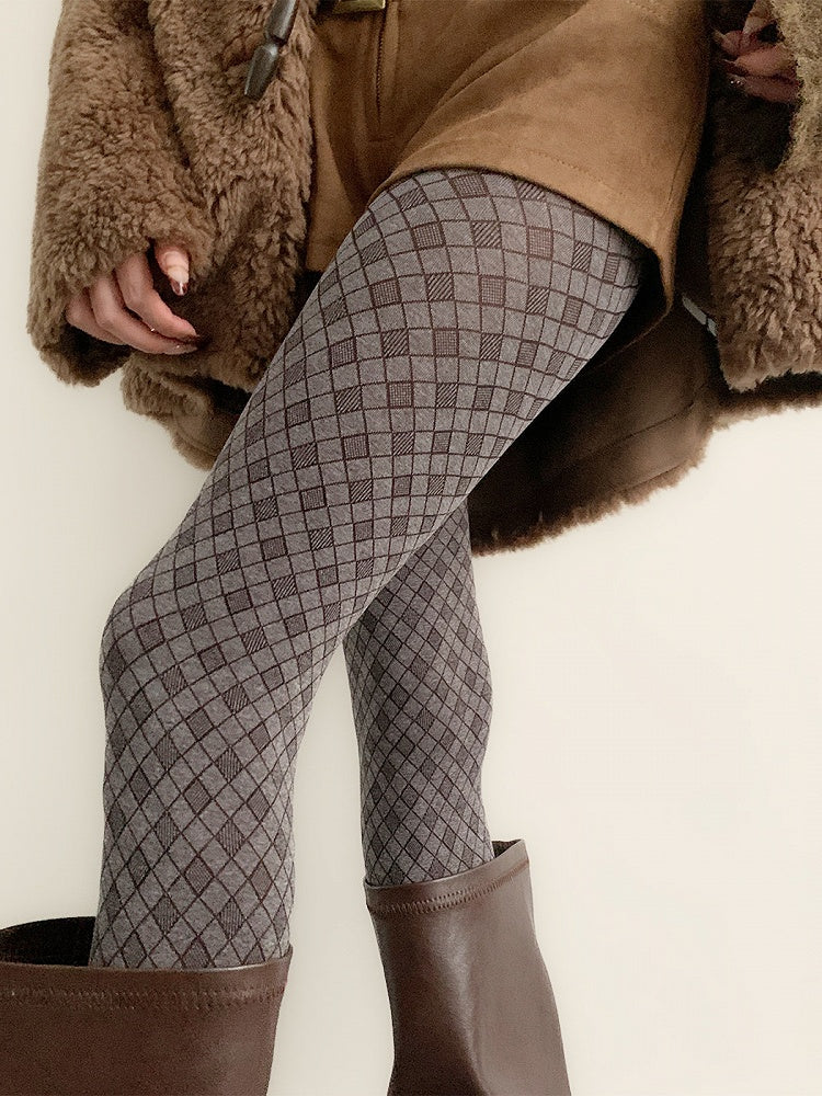 (2 Colors) Warm Knit Diamond Tights Check