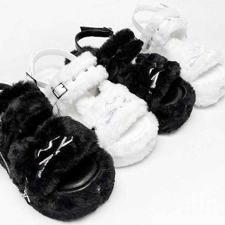 Embroidered Cross House in Details White Platform Style Kawaii Studs With Crying Plush Kitty Shoes Design