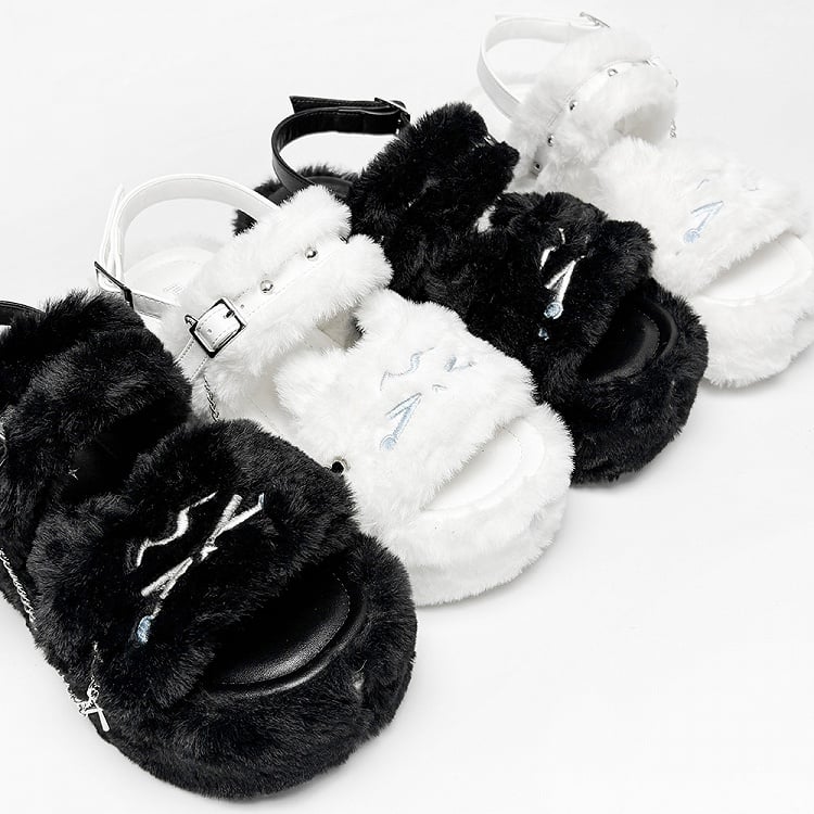 Cross Cat Crying Embroidery Platform Otaku Slippers with Chain Black Detachable Plush -