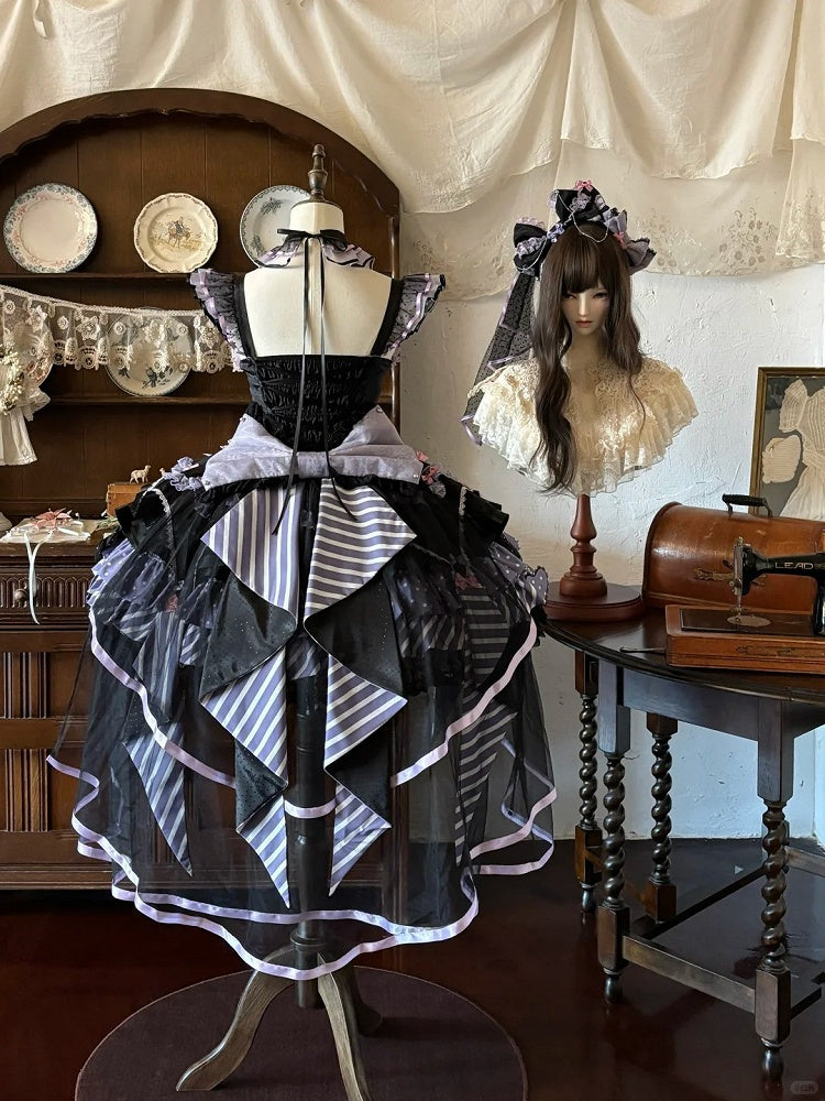 Layered Heart Ribbon Bow Accent Magic Witch Jumper Skirt Dress in Black & Purple - SheepBallad