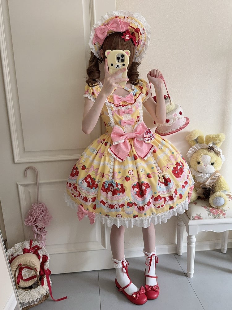 Kuchen süße süße Erdbeere ein Ärmel gelbes Kleid Lolita Stück Kurzdruck