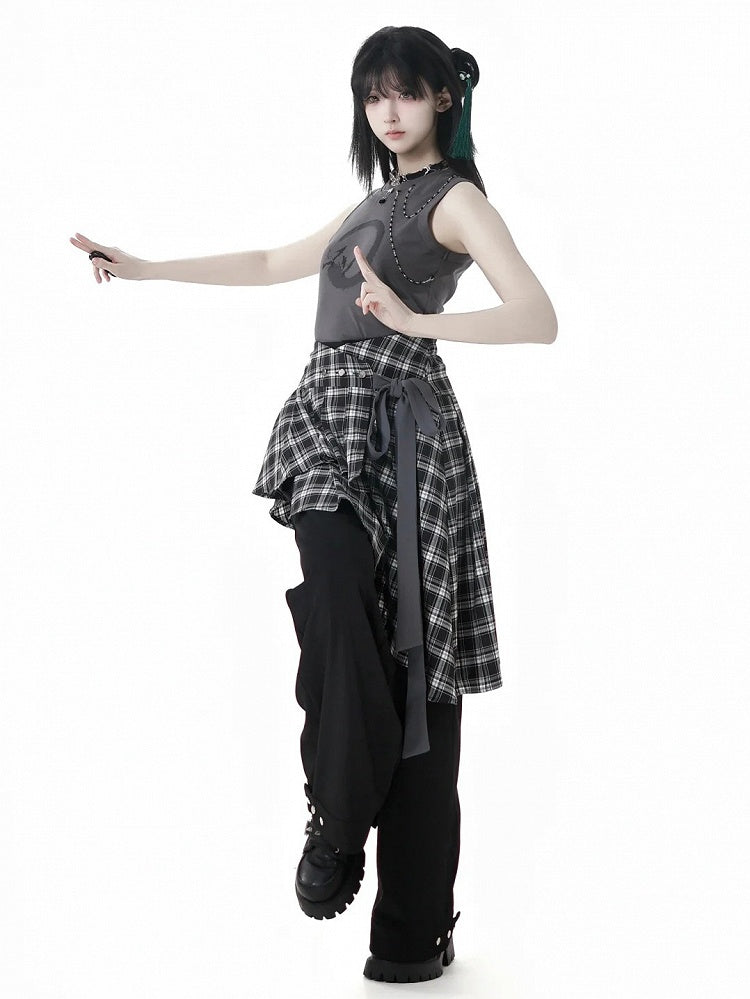 Plaid Skirt with Self-Tie Strap Black and White Asymmetrical Flounce Hem