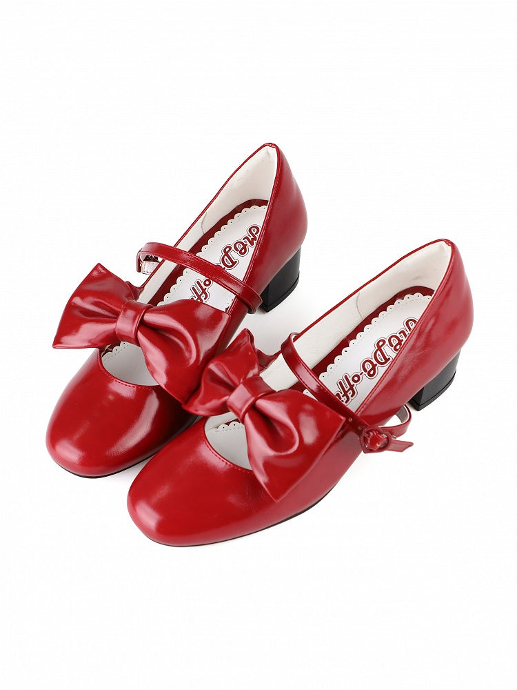 Heel Bow PU Heart Red Lolita Mid with Elegant - Buckle Mary Accents Janes