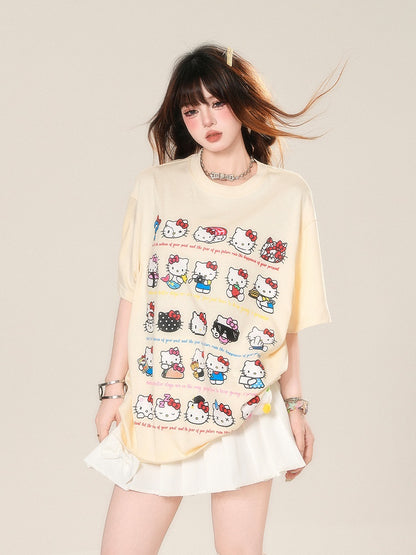 Aprikosenfarbenes, lockeres T-Shirt mit süßem Katzen-Print