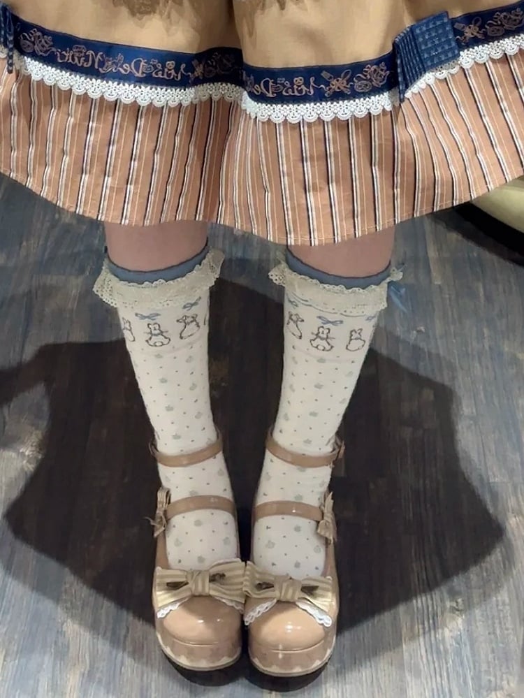 Khaki Shoes Hem Striped Lace-trimmed Scalloped - Sweet Platform Bow in Lolita