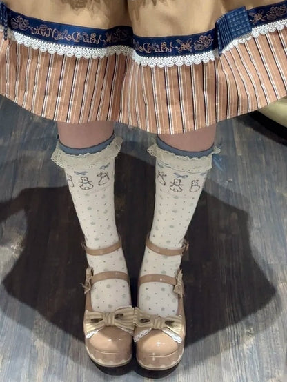 Khaki Shoes Hem Striped Lace-trimmed Scalloped - Sweet Platform Bow in Lolita