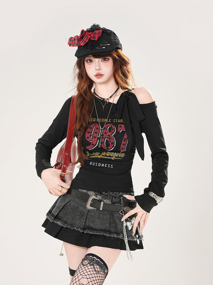 ヴィンテージナンバープリント ブルー/ホワイト/ブラック アシンメトリーネックライン トップス