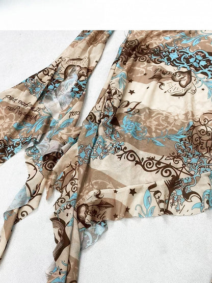 Print Cascading Asymmetrical Accents Ruffle Design Khaki Neckline