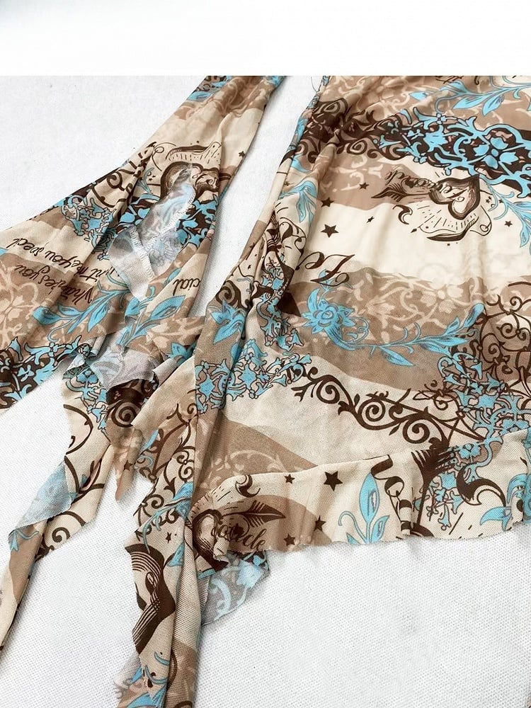 Ruffle Asymmetrical Cascading Neckline Khaki Design Print Accents