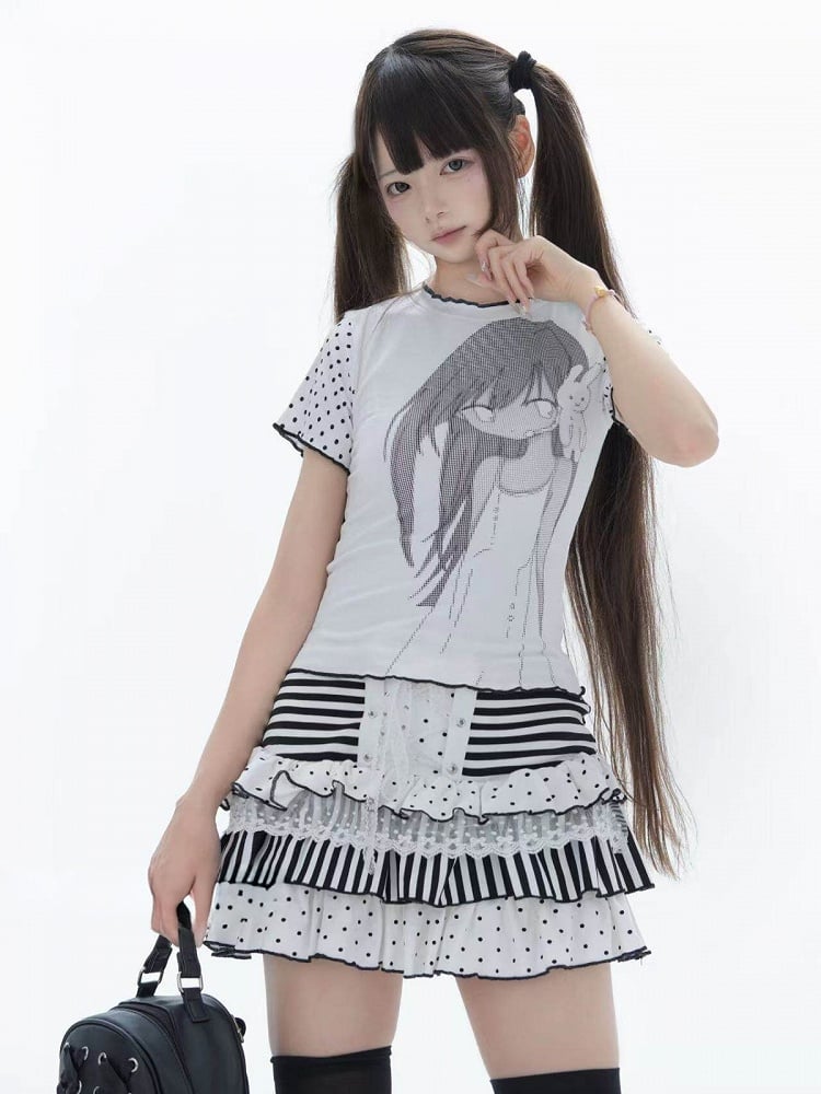 Cute Lace Trim Skirt with Stripe and Polka Dot - Yameko