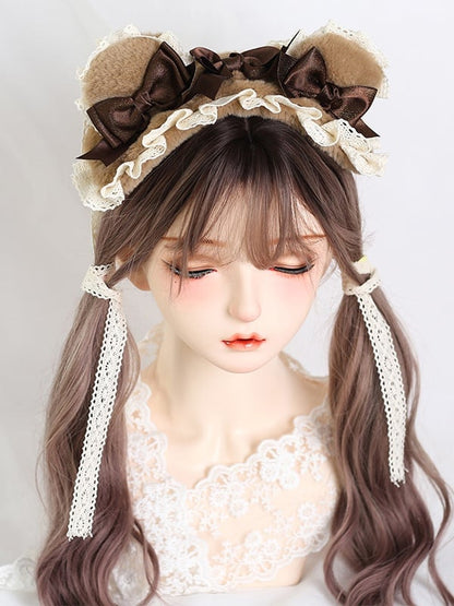 Plush Sweet Hairband Pink Green Ear / Bear Lovely Coffee Lolita