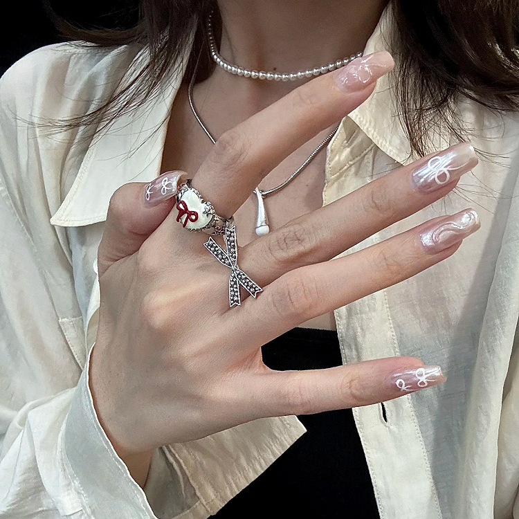 Y2K Red Bow Ring/Beaded Necklace