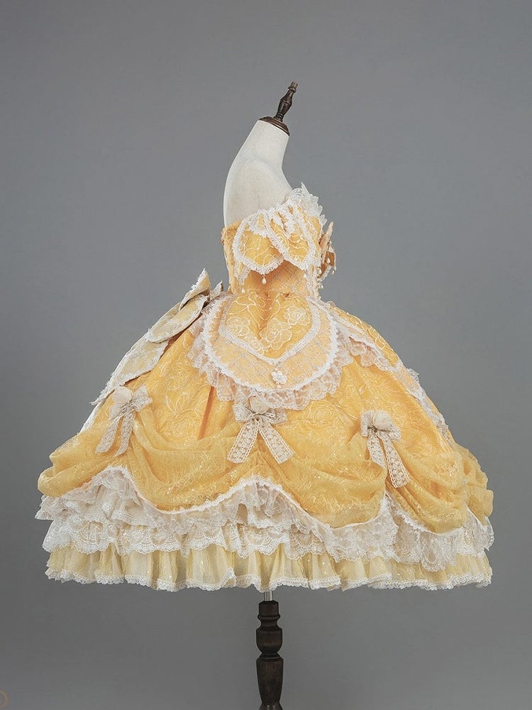 Hanayome Details Bow Yellow Layered Lace Gown and Ruffles Version with Short Lolita Hime Off-Shoulder