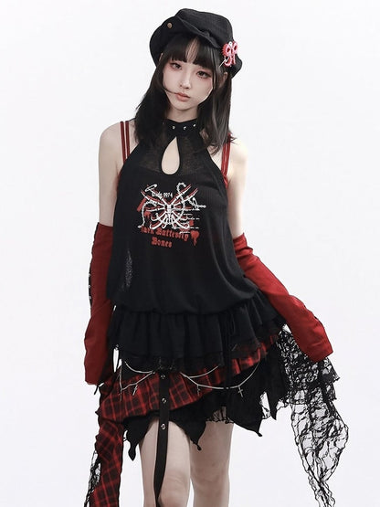 Studded Halter Peplum Top with Skeleton Print - PINK SAVIOR