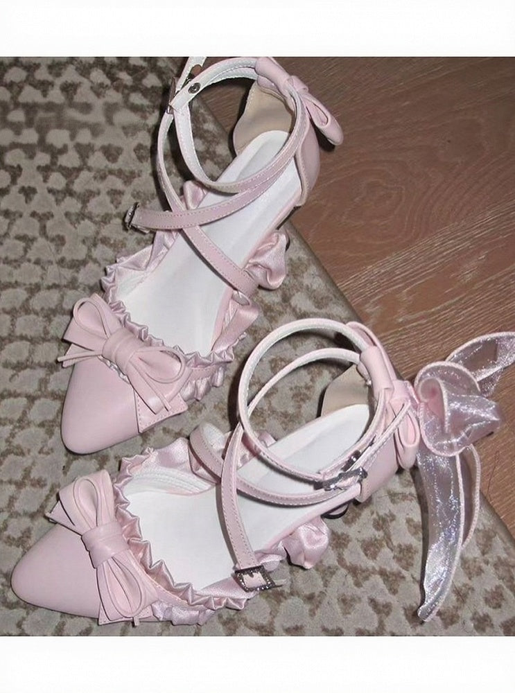 Sweet Pink Pointed Toe 7.5cm High Heels Lolita Shoes with Bowknot and Lace Detail - Luo Hua Jing Meng