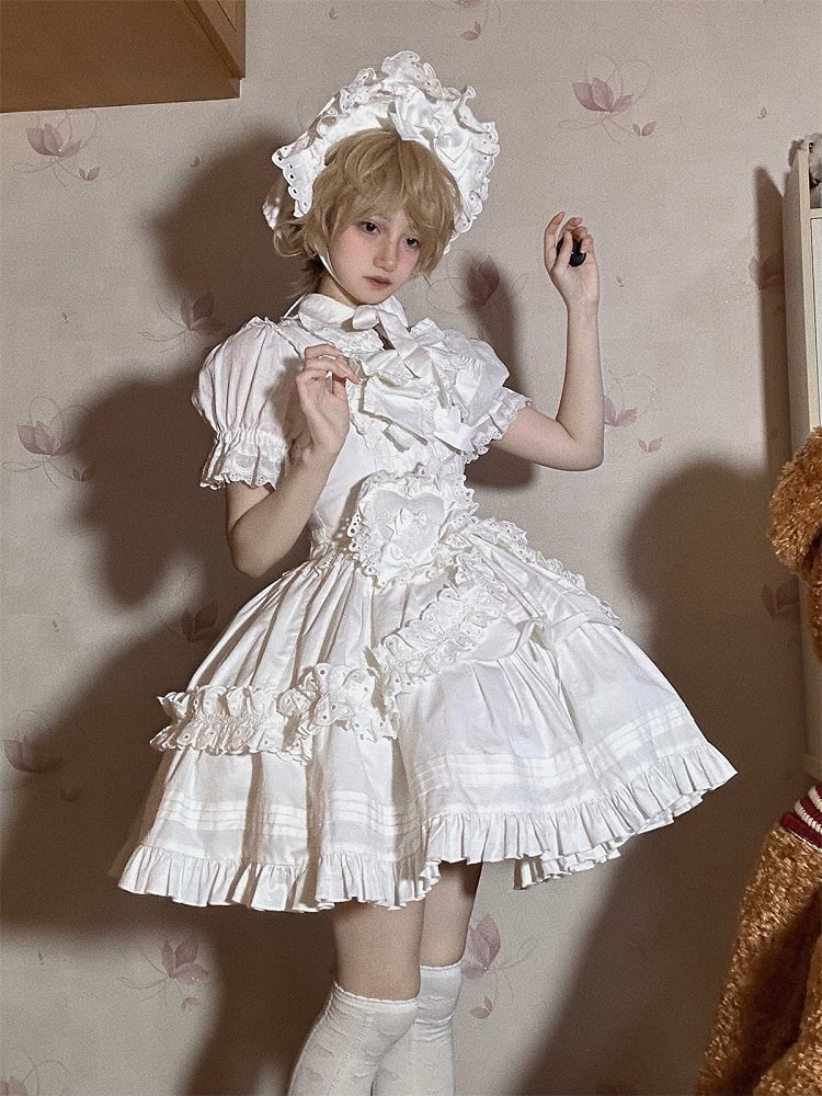 White Short Bowknots Ruffled with Dress Lolita Gothic Heart-shaped Decoration Version JSK and