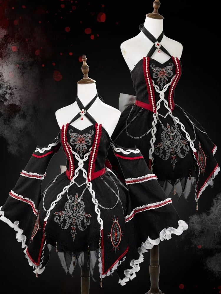 Black and Red Halter Neck Cthulhu Vibes Lolita Dress with Detachable Bell Sleeves