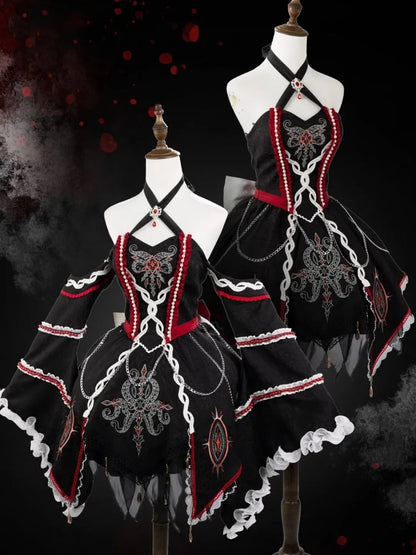 Black and Red Halter Neck Cthulhu Vibes Lolita Dress with Detachable Bell Sleeves