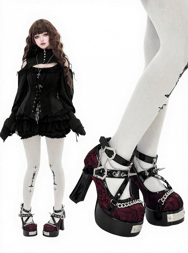 Wine Red Gothic Round Toe 11.5CM High Heels with Black Lace, Spikes & Coffin Buckles - Transfer Student